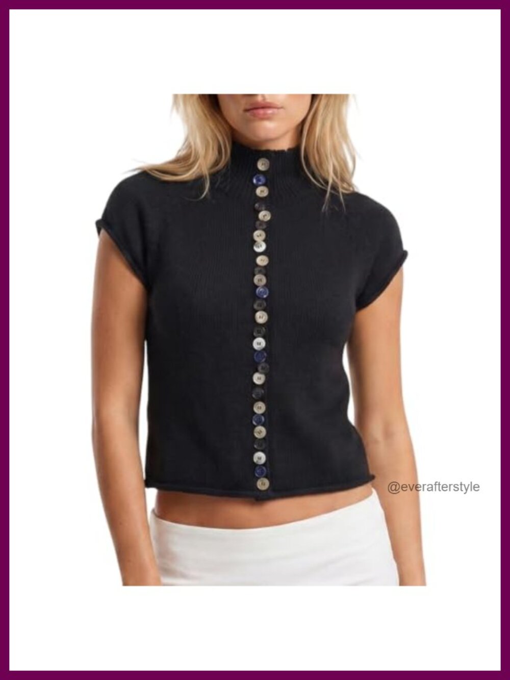 Mock Neck Cap Sleeve Button Front Knit Cardigan Sweater